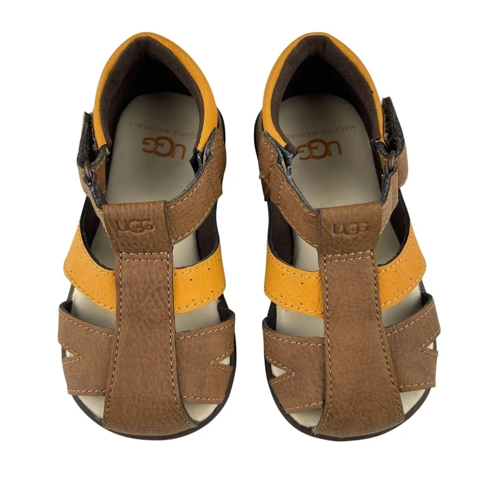 UGG Kylo Fisherman Sandals Toddler Size 6 Brown Yellow Hook Loop 1132722T